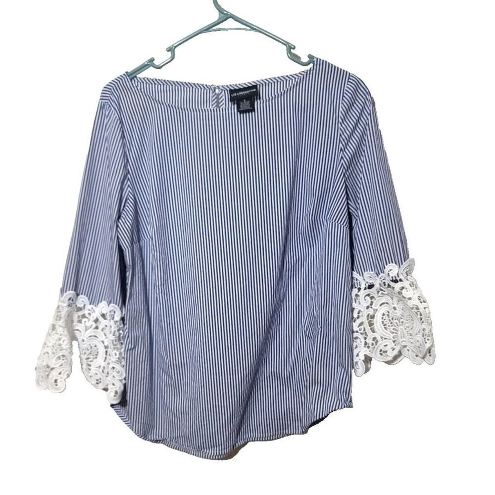 Liz Claiborne Career Blouse Small Blue White Stripe Lace Bell Sleeves embroidery